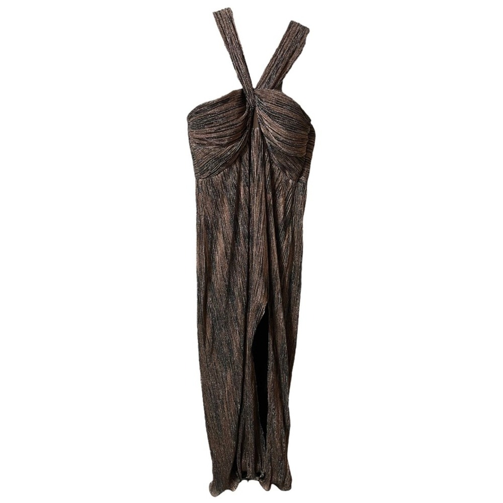 Saylor Halter Sleeveless Midi Dress with Leg Slit Brown Metallic Size Large - Picture 4 of 10